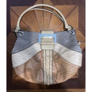 Vintage GUESS Brown Tan Silver Studded Leather Shoulder Bag Ostrich Purse